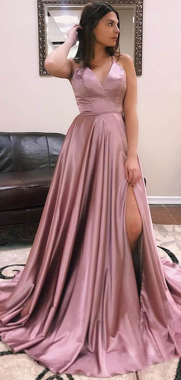dusty rose satin dress Dusty Rose Elastic Satin Spaghetti Strap Lace Up Back With Slit Prom D – AlineBridal