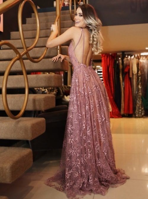 Dusty Rose Lace Sexy Backless Spaghetti Strap A-line Party Prom Dresses, PD00150