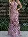 Dusty Rose Lace Spaghetti Strap Sheath Long Prom Dresses.PD00242