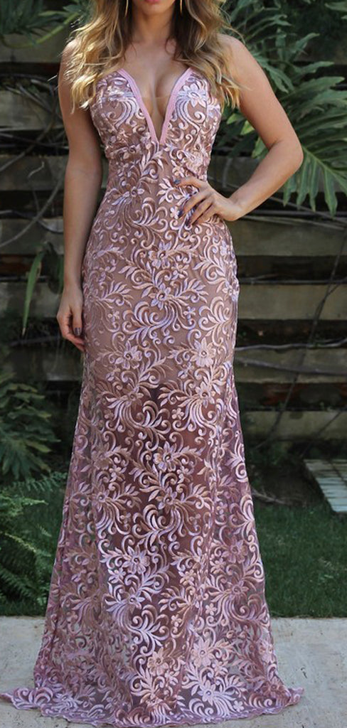 Dusty Rose Lace Spaghetti Strap Sheath Long Prom Dresses.PD00242