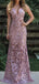 Dusty Rose Lace Spaghetti Strap Sheath Long Prom Dresses.PD00242