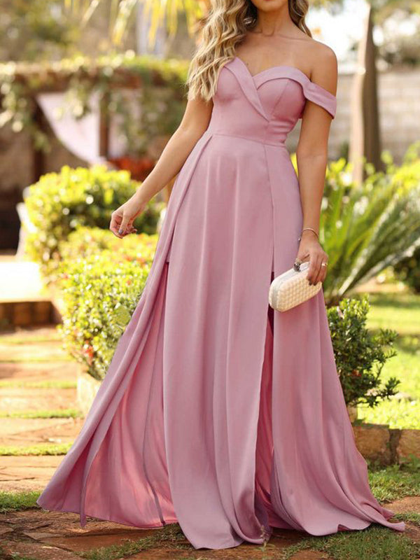 Dusty Rose Off Shoulder Slit Simple Long Prom Dresses.PD00276