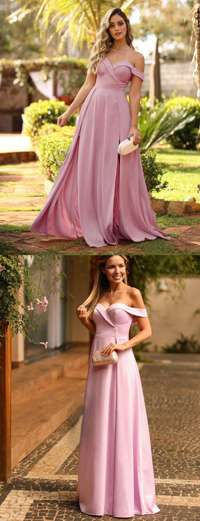 Dusty Rose Off Shoulder Slit Simple Long Prom Dresses.PD00276