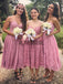 Dusty Rose Spaghetti Strap Lace Tea Length Bridesmaid Dresses, AB4024