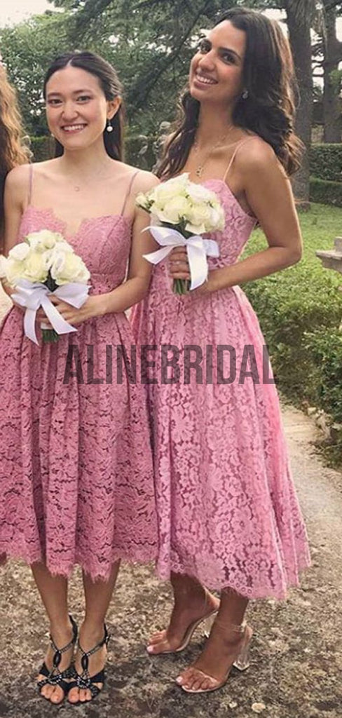 Dusty Rose Spaghetti Strap Lace Tea Length Bridesmaid Dresses, AB4024