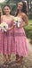 Dusty Rose Spaghetti Strap Lace Tea Length Bridesmaid Dresses, AB4024