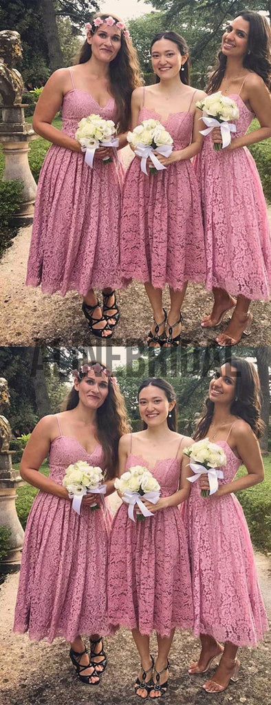 Dusty Rose Spaghetti Strap Lace Tea Length Bridesmaid Dresses, AB4024