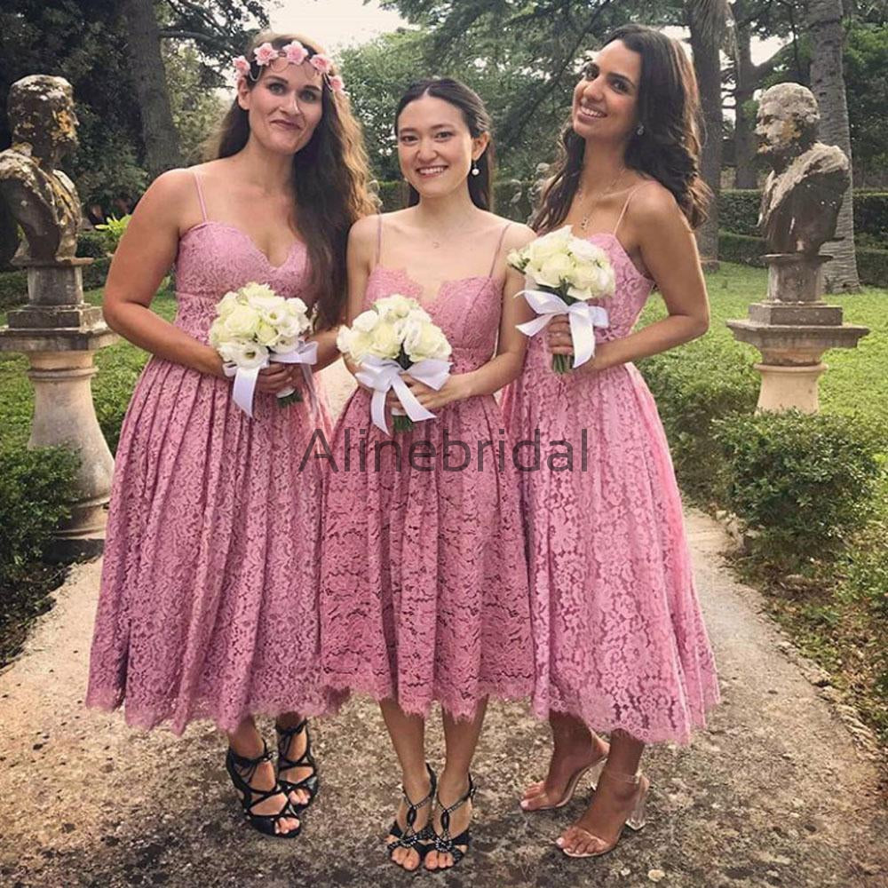 Dusty Rose Spaghetti Strap Lace Tea Length Bridesmaid Dresses, AB4024