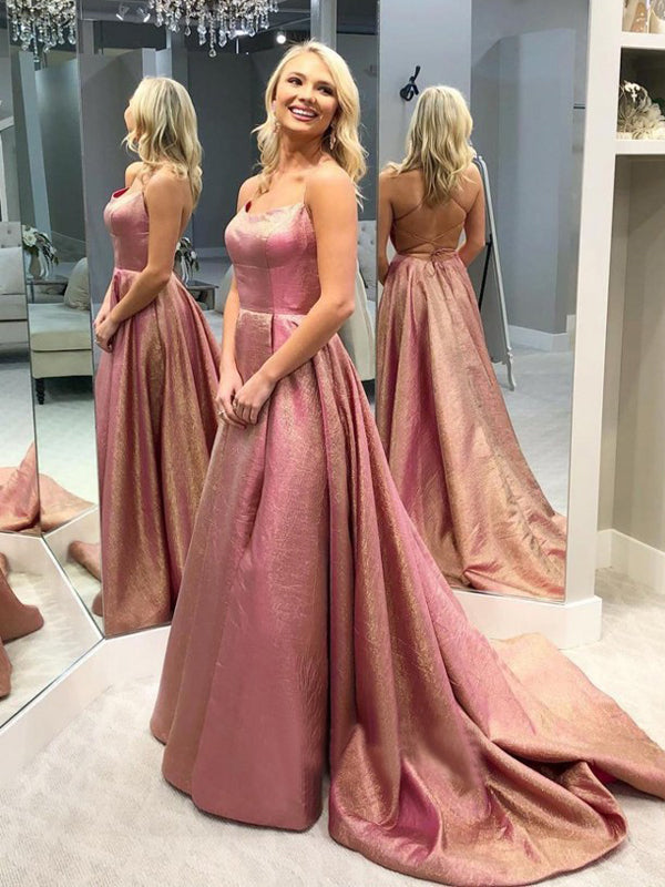 Dusty Rose Spaghetti Strap Lace Up Back Ball Gown Prom Dresses ,PD00199