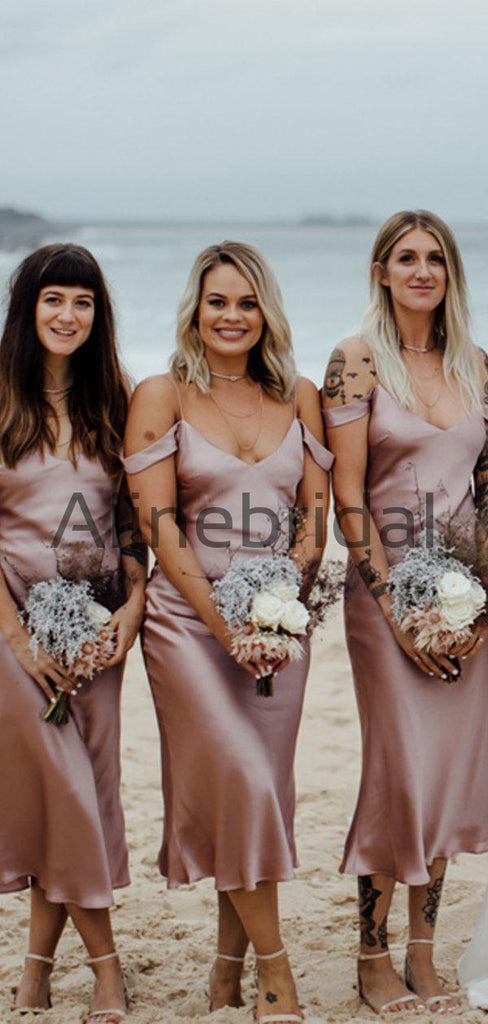 Dusty Rose Spaghetti Strap Off Shoulder Knee Length Bridesmaid Dresses, AB4102