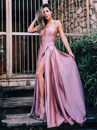 Dusty Rose Spaghetti Strap Slit A-line Simple Cheap Prom Dresses.PD00254
