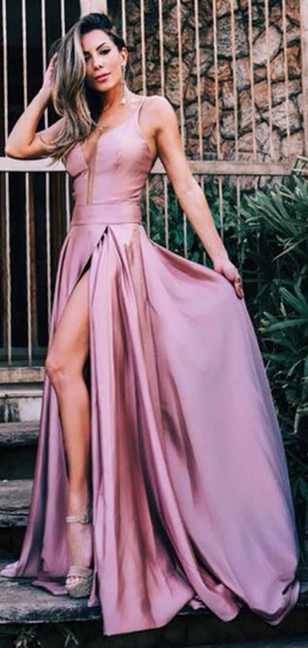 open lace back dress Dusty Rose Spaghetti Strap Slit A-line Simple Cheap Prom Dresses.PD002 –  AlineBridal