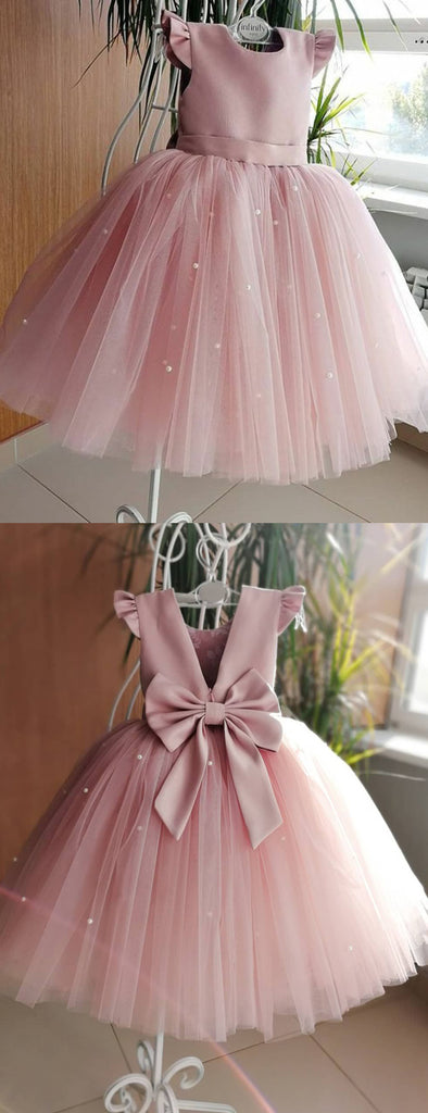 Dusty Rose Tulle Beading Cap Sleeve With Bowknot Flower Girl Dresses, FGS141