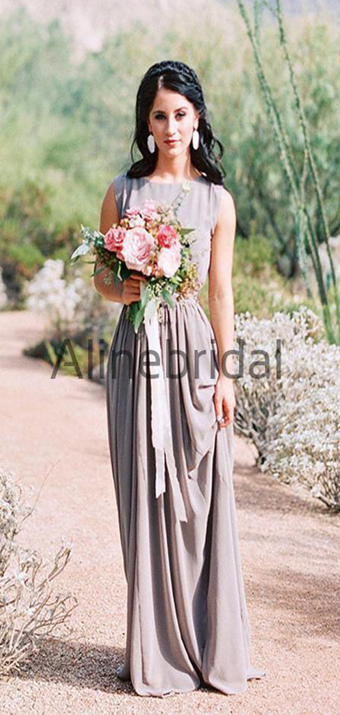 Elegant Chiffon Sleeveless Round Neckline Simple Long Bridesmaid Dresses, AB4134