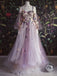 Elegant Dusty Lavender Floral Spaghetti Strap Sweetheart A-line Tulle Long Prom Dress, PD3156