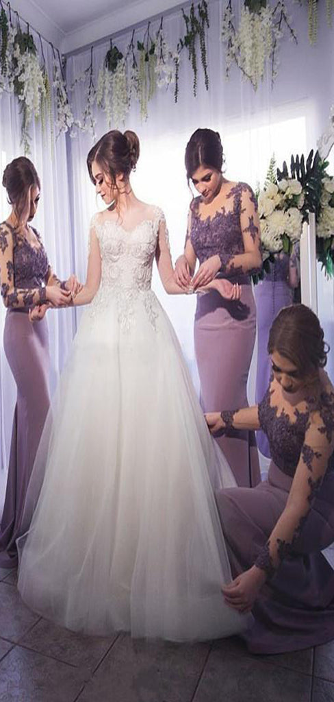 Elegant Lilac Lace  Long Sleeve Illusion Back Scoop Neck  Mermaid Bridesmaid Dresses. AB1193