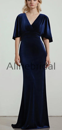 Elegant Mermaid Blue Velvet Half Sleeves Long Bridesmaid Dresses AB4241