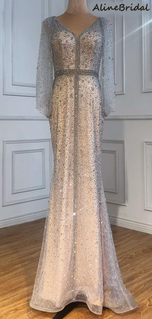 Elegant V-neck Tulle Illusion Long Prom Dresses With Sequins, PD3015