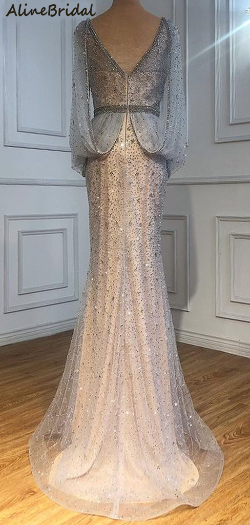 Elegant V-neck Tulle Illusion Long Prom Dresses With Sequins, PD3015