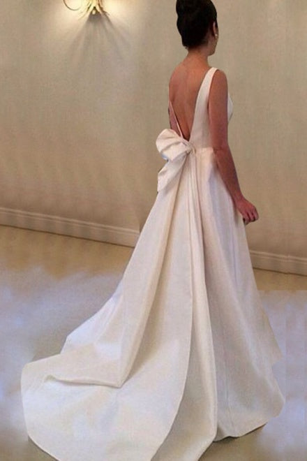Elegant A-line Simple Open Back Bowknot Sweep Train Wedding Dresses, WD0113