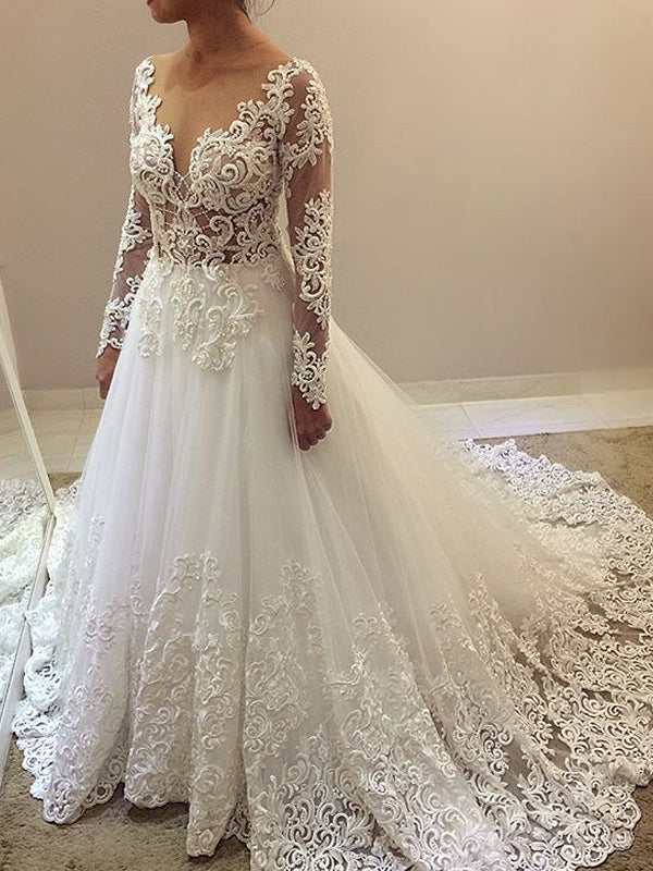 Beaded lace long sleeve top wedding dress