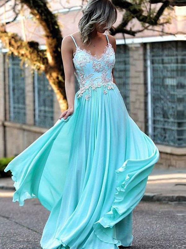 Elegant Blue Spaghetti Strap V-neck Lace Appliques Chiffon High School Prom Dresses,PD00014