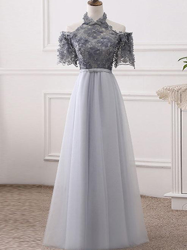 Elegant Halter Short Sleeve Grey Handmade Flower Top A-line Prom Dress AlineBridal Elegant Halter Short Sleeve Grey Handmade Flower Top A-line Prom Dress AlineBridal