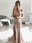 Elegant Off Shoulder Split Nude Lace Mermaid Long Prom Gown Dresses,PD00055