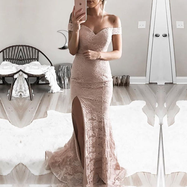Elegant Off Shoulder Split Nude Lace Mermaid Long Prom Gown Dresses,PD AlineBridal Elegant Off Shoulder Split Nude Lace Mermaid Long Prom Gown Dresses,PD AlineBridal