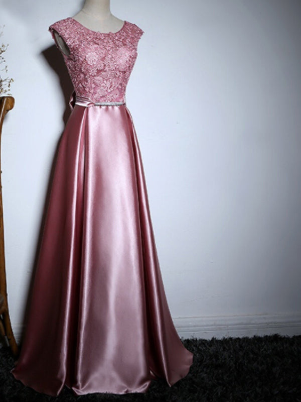 Elegant Purple Lace Satin With Bow Knot V-back Sleeveless A-line Prom Dresses,PD00021