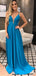 Elegant Simple Blue Elastic Satin Spaghetti Strap A-line Prom Dresses,PD00298