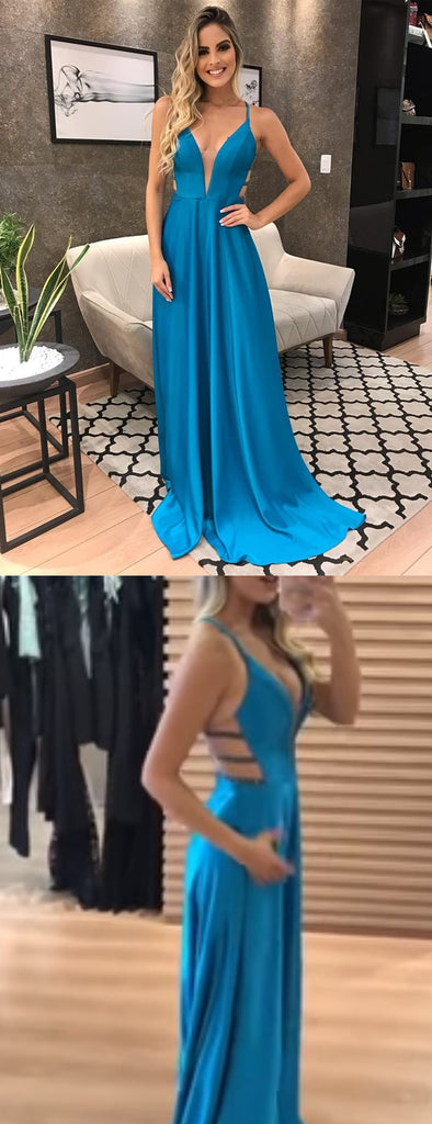 Elegant Simple Blue Elastic Satin Spaghetti Strap A-line Prom Dresses,PD00298