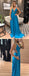 Elegant Simple Blue Elastic Satin Spaghetti Strap A-line Prom Dresses,PD00298