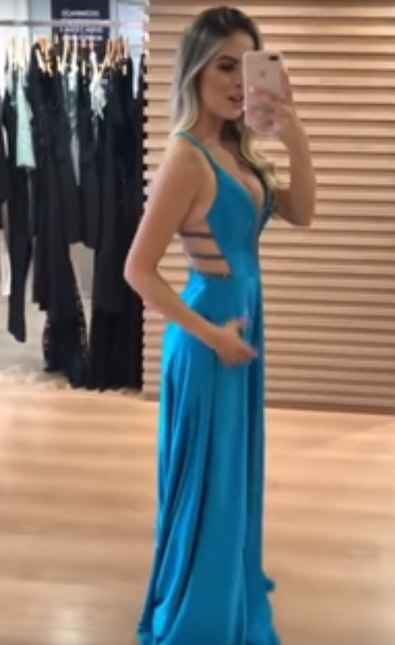 Elegant Simple Blue Elastic Satin Spaghetti Strap A-line Prom Dresses,PD00298