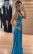 Elegant Simple Blue Elastic Satin Spaghetti Strap A-line Prom Dresses,PD00298