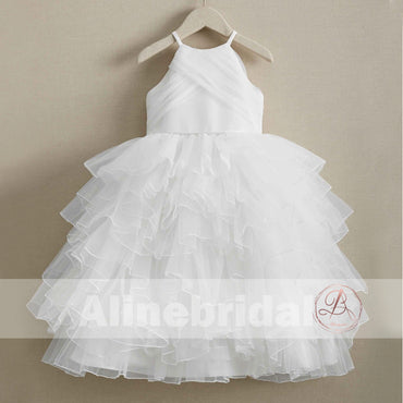 Elegant White Tulle Sleeveless Ruffles Flower Girl Dresses, FGS093