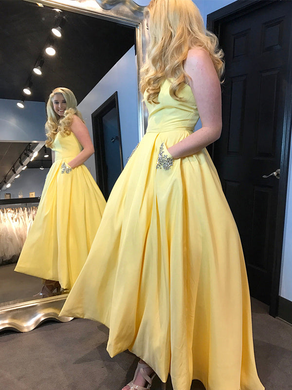 Elegant Yellow Satin High Low Sleeveless Simple Ball Gown Long Prom Dresses,PD0052