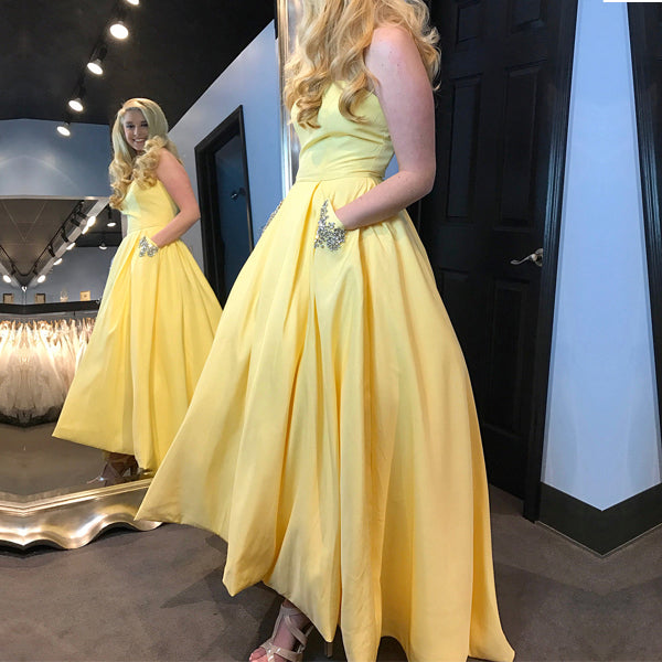 Elegant Yellow Satin High Low Sleeveless Simple Ball Gown Long Prom Dr AlineBridal Elegant Yellow Satin High Low Sleeveless Simple Ball Gown Long Prom Dr AlineBridal
