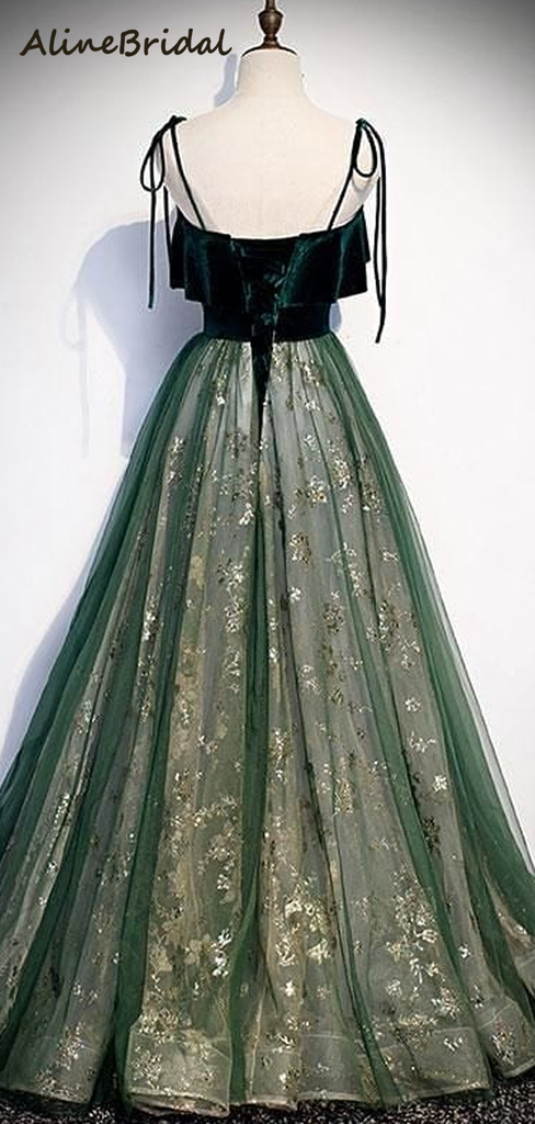 Elegant Spaghetti Strap Tulle A-line Long Prom Dress, PD3025