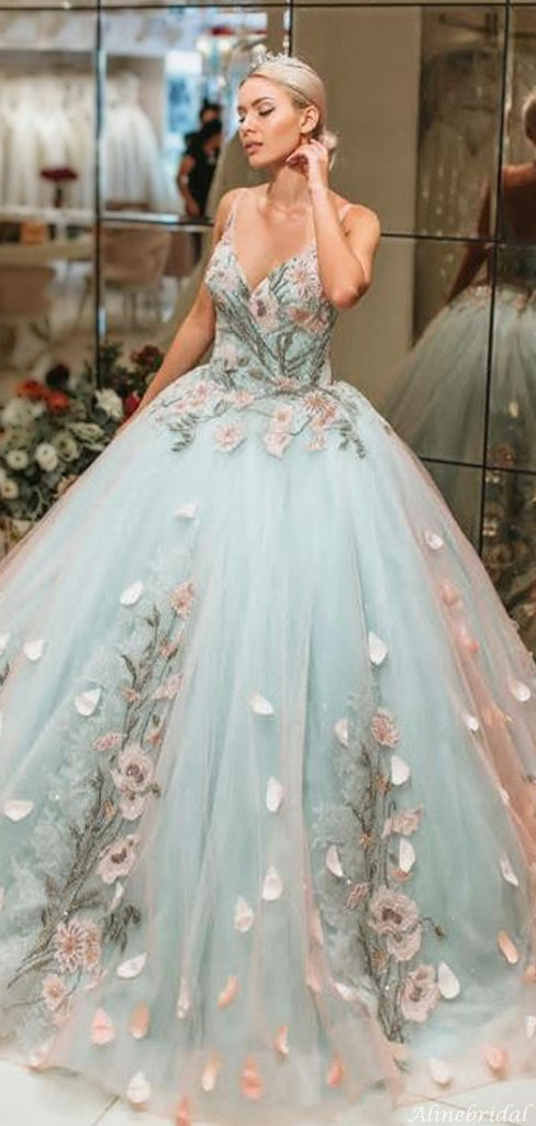 Vintage Modest Turquoise Spaghetti Strap V-neck Floral Tulle Long Prom Dress, PD3074