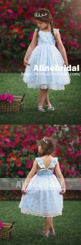 Fashion Blue Floral Ivory Lace Country Wedding Flower Girl Dresses , F ...