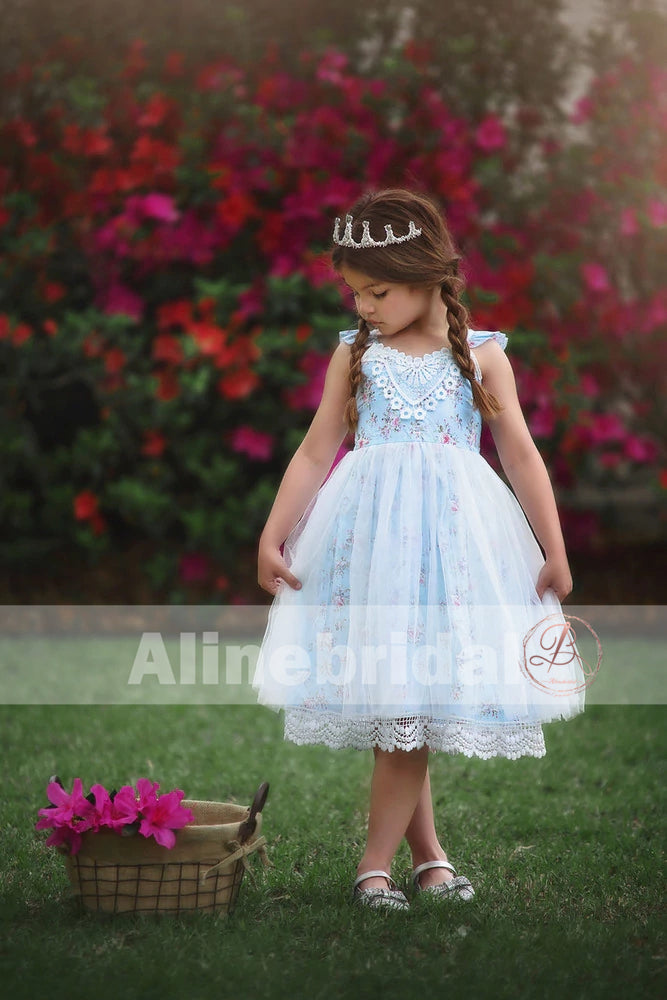 Fashion Blue Floral Ivory Lace Country Wedding Flower Girl Dresses , F AlineBridal Fashion Blue Floral Ivory Lace Country Wedding Flower Girl Dresses , F AlineBridal