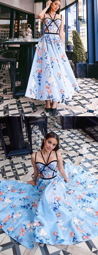 Fashion Blue Floral Prints Criss-cross Prom Dresses,PD00171