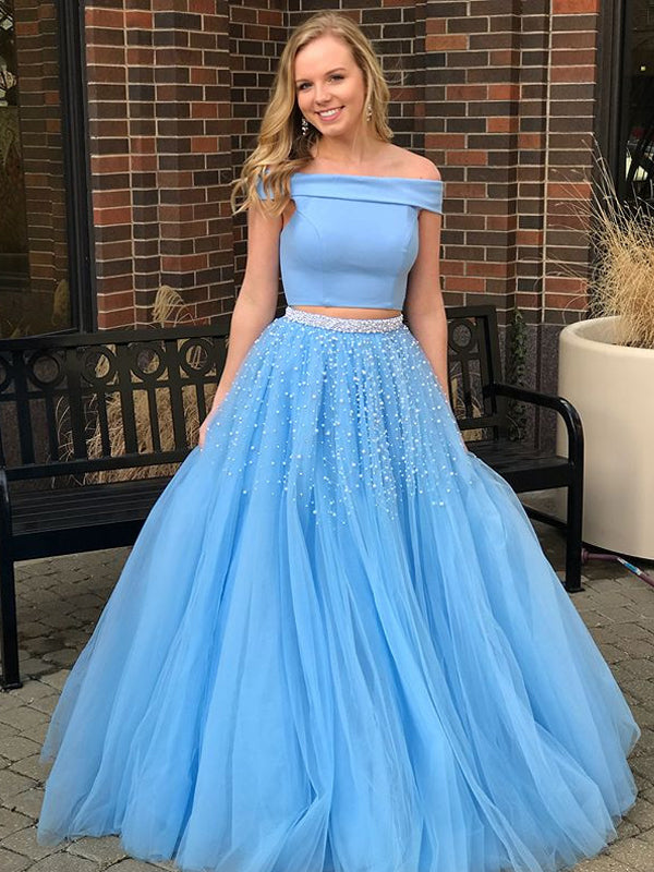 Fashion Blue Off Shoulder Two Piece Beaded Prom Gown Dresses,PD00039 AlineBridal Fashion Blue Off Shoulder Two Piece Beaded Prom Gown Dresses,PD00039 AlineBridal