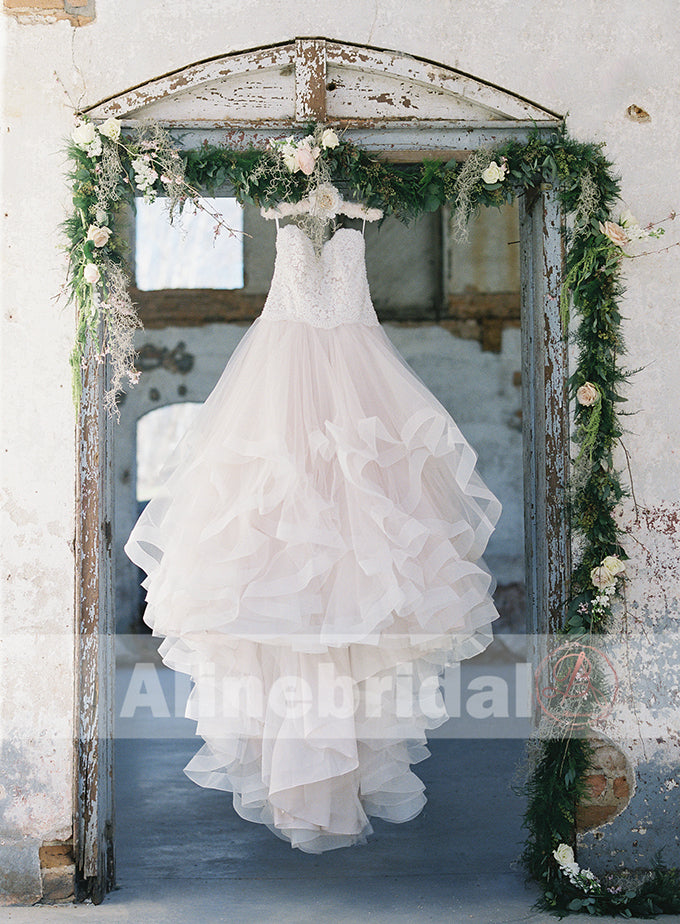 Fashion Lace Top Ruffles Ball Gown Sweetheart Straps Wedding Dresses , AlineBridal Fashion Lace Top Ruffles Ball Gown Sweetheart Straps Wedding Dresses , AlineBridal