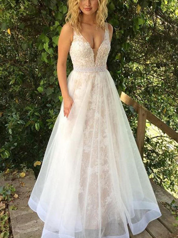 Fashion Lace Tulle A-line Beading Belt Sleeveless Wedding Dresses, AB1 AlineBridal Fashion Lace Tulle A-line Beading Belt Sleeveless Wedding Dresses, AB1 AlineBridal