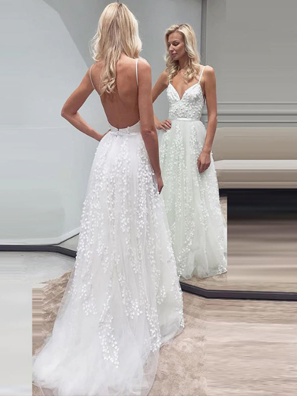 Fashion Lace Tulle Spaghetti Strap Backless Beach Wedding Dresses, AB1 AlineBridal Fashion Lace Tulle Spaghetti Strap Backless Beach Wedding Dresses, AB1 AlineBridal