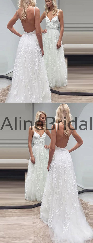 Fashion Lace Tulle Spaghetti Strap Backless Beach Wedding Dresses, AB1549