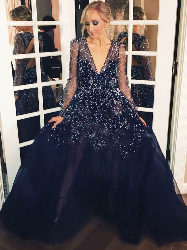 Sparkly Navy Blue Night Star Sequins A-line Tulle Ball Gown with Long AlineBridal Sparkly Navy Blue Night Star Sequins A-line Tulle Ball Gown with Long AlineBridal