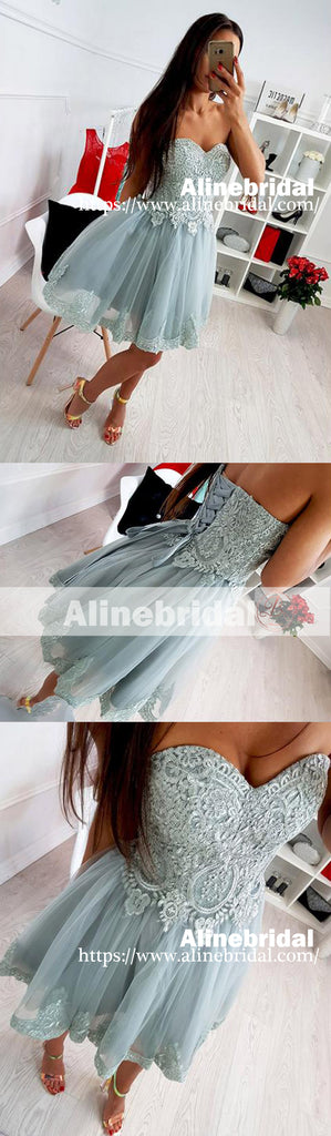 Fashion Tiffany Blue Lace Sweetheart Strapless Lace Up Back Homecoming Dresses, HD0007